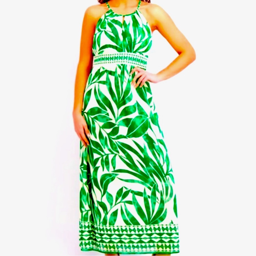 Sale! Green and Cream Lined Halter Maxi Dress